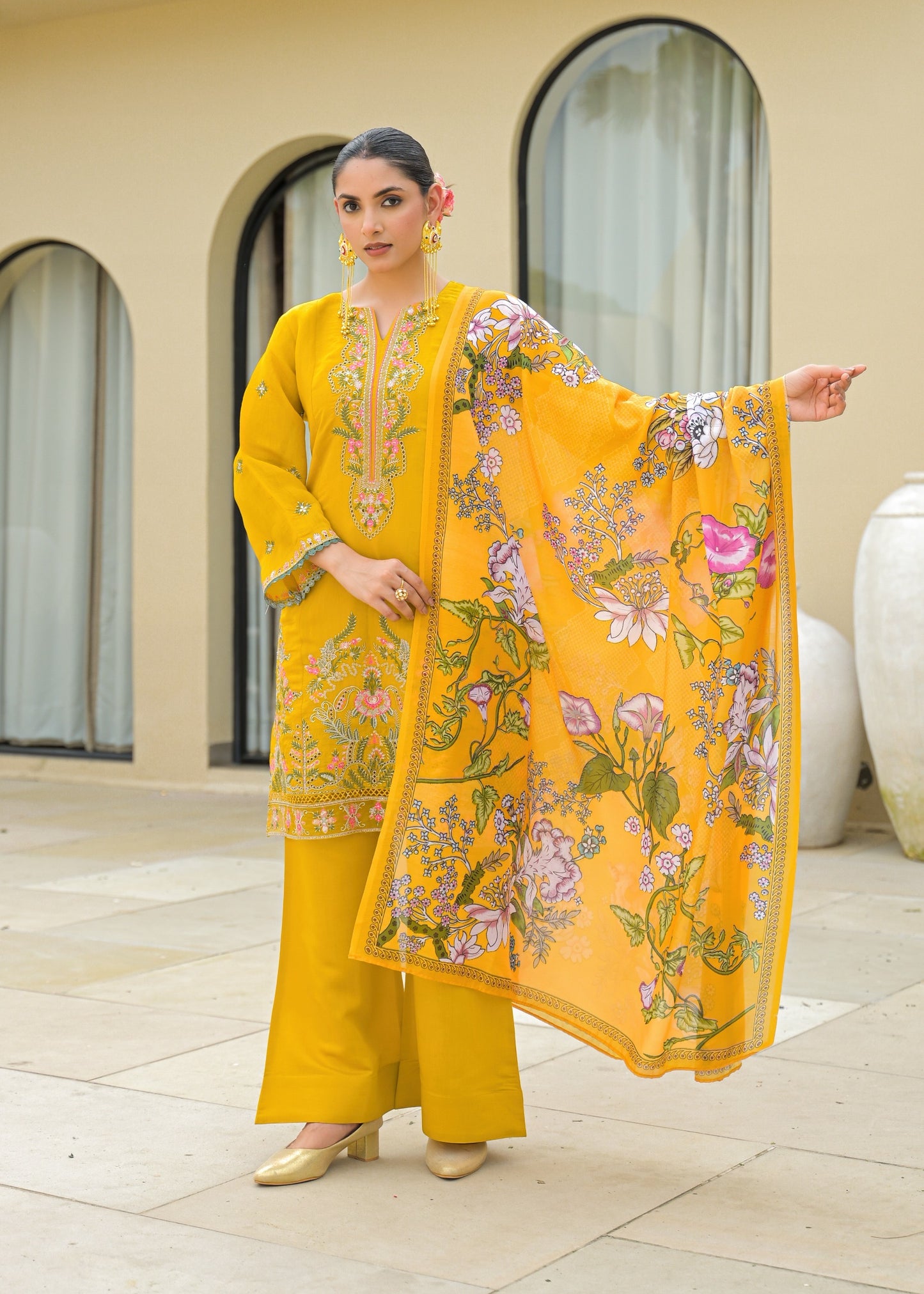 Green Mul Chanderi Floral Suit