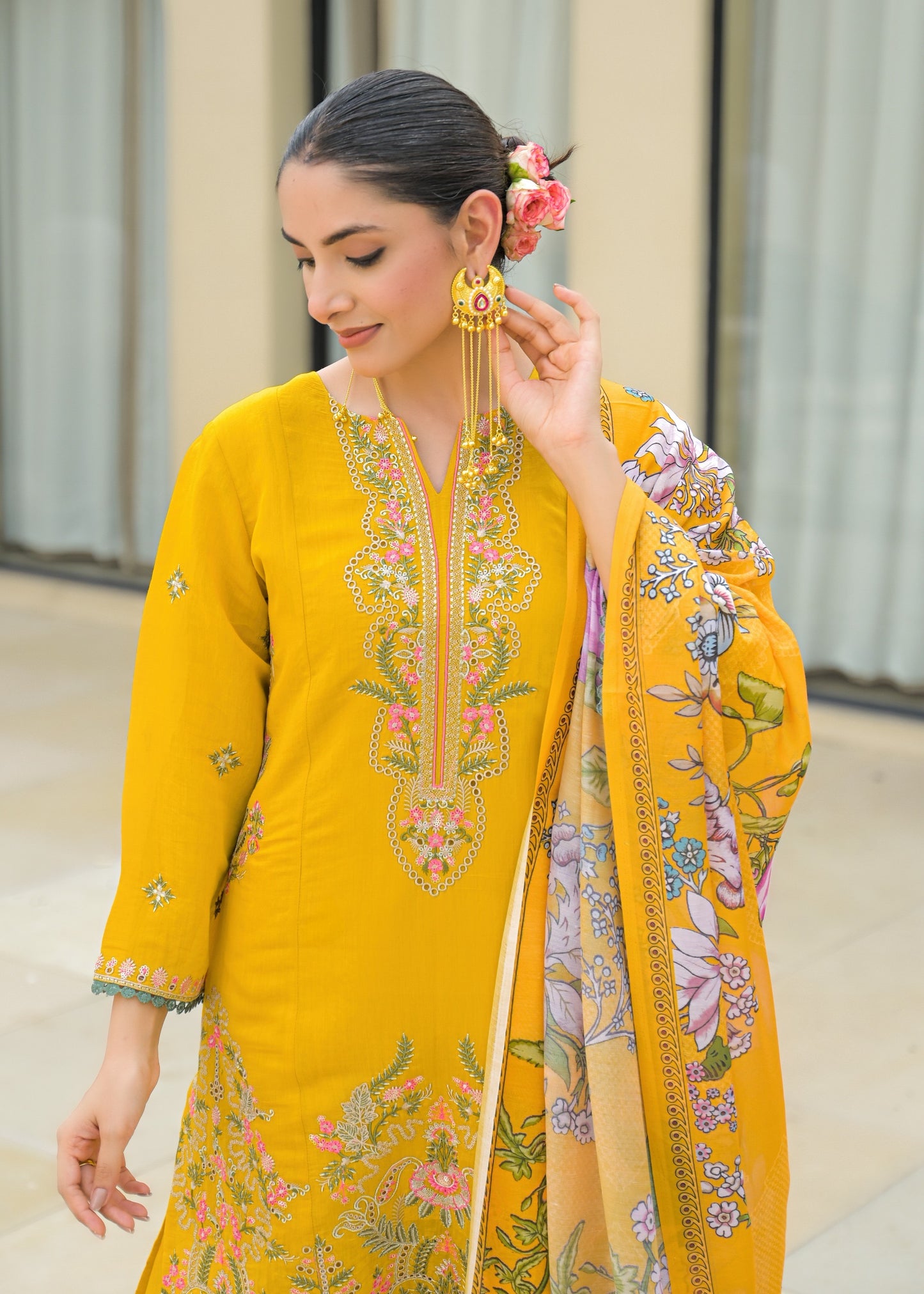 Green Mul Chanderi Floral Suit