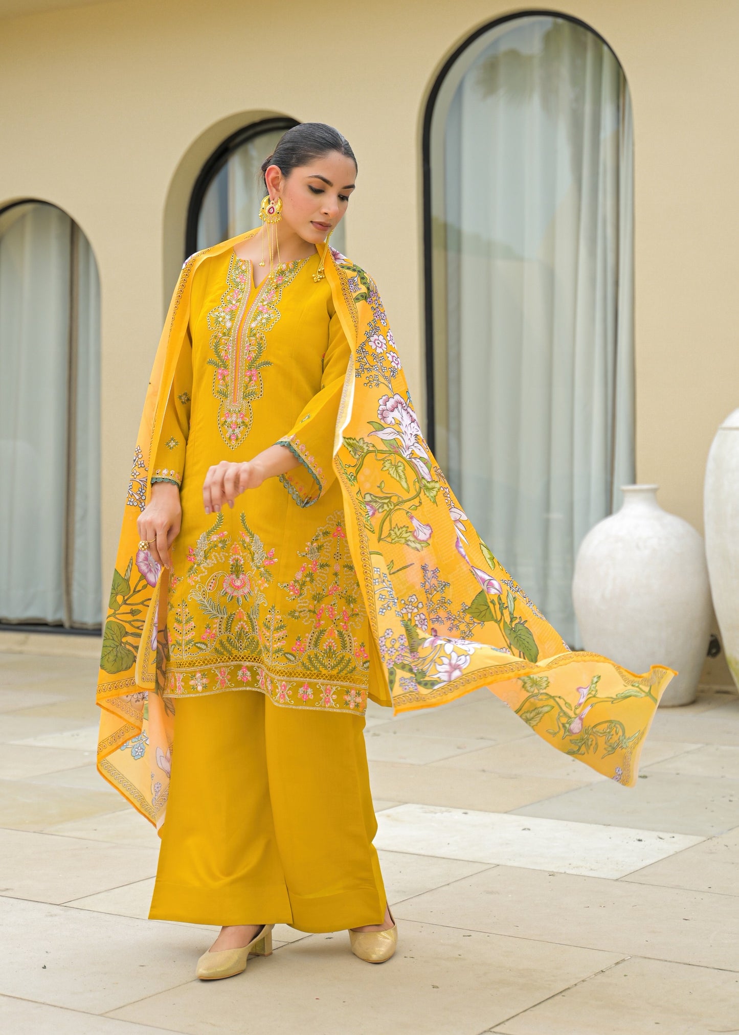 Green Mul Chanderi Floral Suit