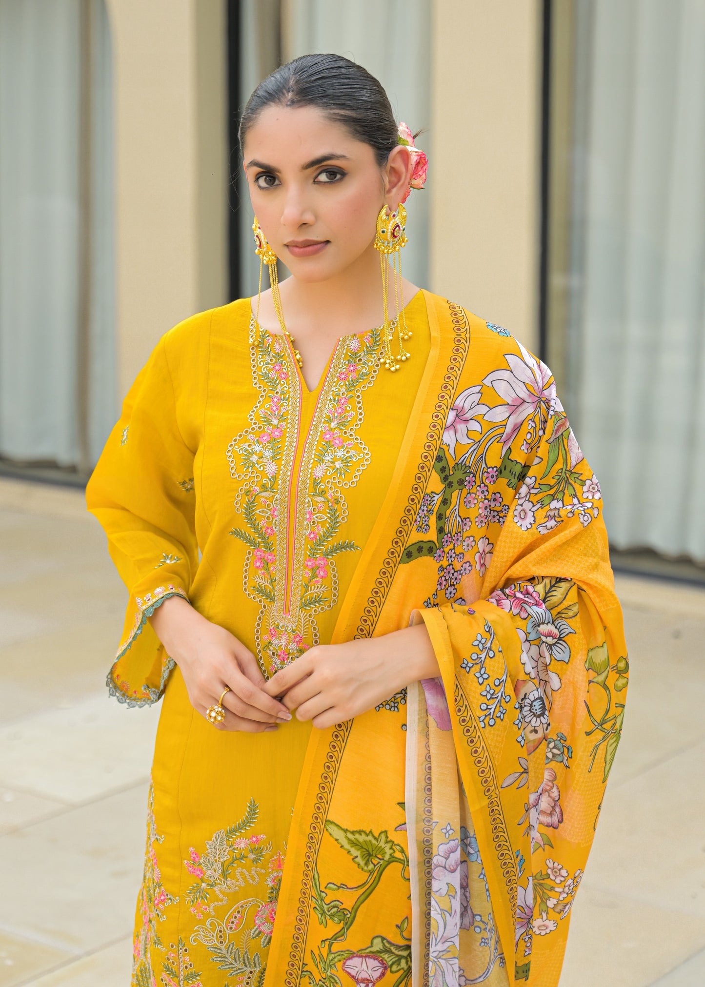 Green Mul Chanderi Floral Suit